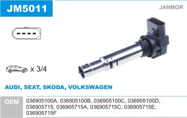 JANMOR JM5011 Катушка зажигания для VOLKSWAGEN BORA / JETTA V (1K5), GOLF V Variant (1K5), JETTA V (1K5), VENTO V (1K5) 1.4 TSI JANMOR JM5011 Катушка зажигания для VOLKSWAGEN BORA / JETTA V (1K5), GOLF V Variant (1K5), JETTA V (1K5), VENTO V (1K5) 1.4 TSI