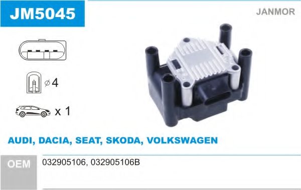 JANMOR JM5045 Катушка зажигания для VOLKSWAGEN BORA (Фольксваген Бора) JANMOR JM5045 Катушка зажигания для VOLKSWAGEN BORA (Фольксваген Бора)