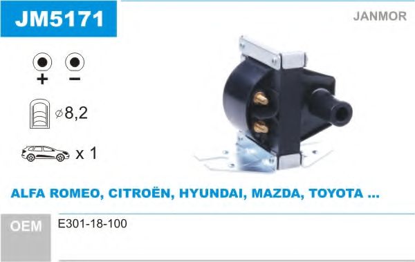 JANMOR JM5171 Катушка зажигания для MAZDA 626 II (Мазда 626 2) JANMOR JM5171 Катушка зажигания для MAZDA 626 II (Мазда 626 2)