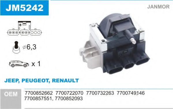 JANMOR JM5242 Катушка зажигания для RENAULT LUTECIA I (Рено Лутэcиа и) JANMOR JM5242 Катушка зажигания для RENAULT LUTECIA I (Рено Лутэcиа и)