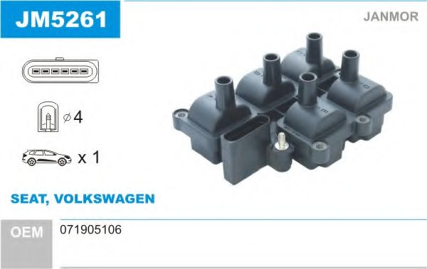 JANMOR JM5261 Катушка зажигания для VOLKSWAGEN BORA (Фольксваген Бора) JANMOR JM5261 Катушка зажигания для VOLKSWAGEN BORA (Фольксваген Бора)