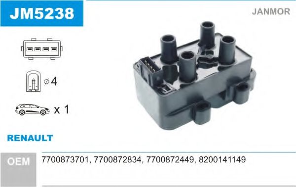 JANMOR JM5238 Катушка зажигания для RENAULT KANGOO RAPID (Рено Кангу рапид) JANMOR JM5238 Катушка зажигания для RENAULT KANGOO RAPID (Рено Кангу рапид)