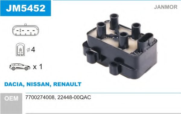 JANMOR JM5452 Катушка зажигания для DACIA SANDERO (Дача Сандэро) JANMOR JM5452 Катушка зажигания для DACIA SANDERO (Дача Сандэро)