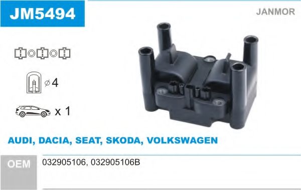 JANMOR JM5494 Катушка зажигания для VOLKSWAGEN BORA (Фольксваген Бора) JANMOR JM5494 Катушка зажигания для VOLKSWAGEN BORA (Фольксваген Бора)