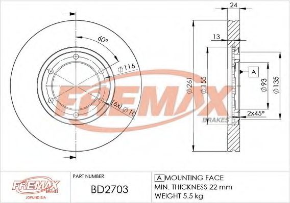 FREMAX BD-2703 Тормозной диск для KIA K2700 (Киа К2700) FREMAX BD-2703 Тормозной диск для KIA K2700 (Киа К2700)
