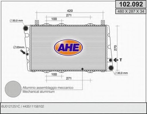 AHE 102.092 Радиатор, охлаждение двигателя для SKODA FELICIA II (Шкода Фелиция 2) AHE 102.092 Радиатор, охлаждение двигателя для SKODA FELICIA II (Шкода Фелиция 2)