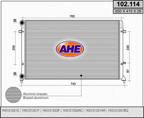AHE 102.114 Радиатор, охлаждение двигателя для SEAT ALTEA (Сеат Алтэа) AHE 102.114 Радиатор, охлаждение двигателя для SEAT ALTEA (Сеат Алтэа)