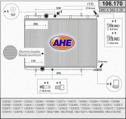 AHE 106.170 Радиатор, охлаждение двигателя для PEUGEOT (Пежо) AHE 106.170 Радиатор, охлаждение двигателя для PEUGEOT (Пежо)