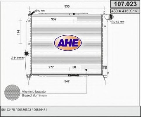 AHE 107.023 Радиатор, охлаждение двигателя 