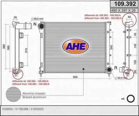 AHE 109.392 Радиатор, охлаждение двигателя для FIAT 500 C (Фиат 500 c) AHE 109.392 Радиатор, охлаждение двигателя для FIAT 500 C (Фиат 500 c)