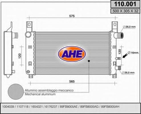 AHE 110.001 Радиатор, охлаждение двигателя для FORD COURIER (Форд Cоуриэр) AHE 110.001 Радиатор, охлаждение двигателя для FORD COURIER (Форд Cоуриэр)