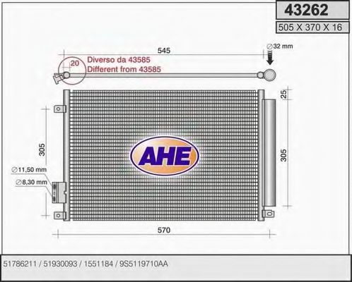 AHE 43262 Конденсатор, кондиционер для FIAT 500 (Фиат 500) AHE 43262 Конденсатор, кондиционер для FIAT 500 (Фиат 500)