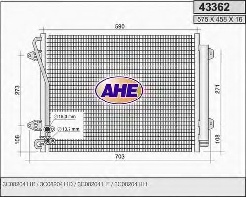 AHE 43362 Конденсатор, кондиционер для VOLKSWAGEN PASSAT CC (Фольксваген Пассат сс) AHE 43362 Конденсатор, кондиционер для VOLKSWAGEN PASSAT CC (Фольксваген Пассат сс)