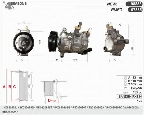 AHE 98885 Компрессор, кондиционер для SEAT LEON (Сеат Леон) AHE 98885 Компрессор, кондиционер для SEAT LEON (Сеат Леон)