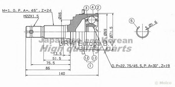 ASHUKI DA-140I Шарнирный комплект, приводной вал 