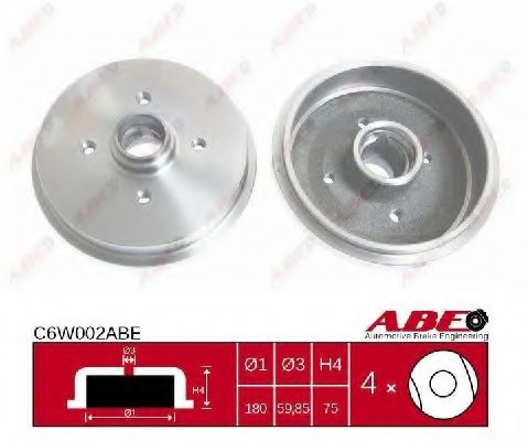 ABE C6W002ABE Тормозной барабан для VOLKSWAGEN POLO (Фольксваген Поло) ABE C6W002ABE Тормозной барабан для VOLKSWAGEN POLO (Фольксваген Поло)