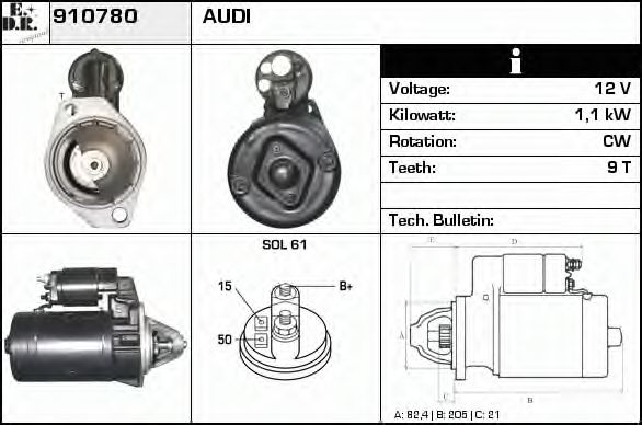 EDR 910780 Стартер для AUDI 100 (Ауди 100) EDR 910780 Стартер для AUDI 100 (Ауди 100)
