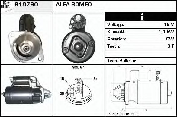 EDR 910790 Стартер для ALFA ROMEO RZ (Альфа ромео Рз) EDR 910790 Стартер для ALFA ROMEO RZ (Альфа ромео Рз)