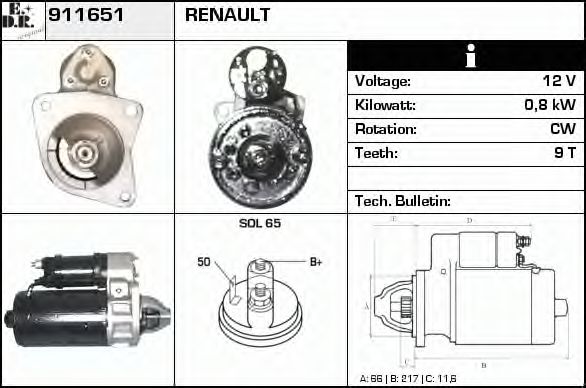 EDR 911651 Стартер для RENAULT ESTAFETTE (Рено Эстафэттэ) EDR 911651 Стартер для RENAULT ESTAFETTE (Рено Эстафэттэ)