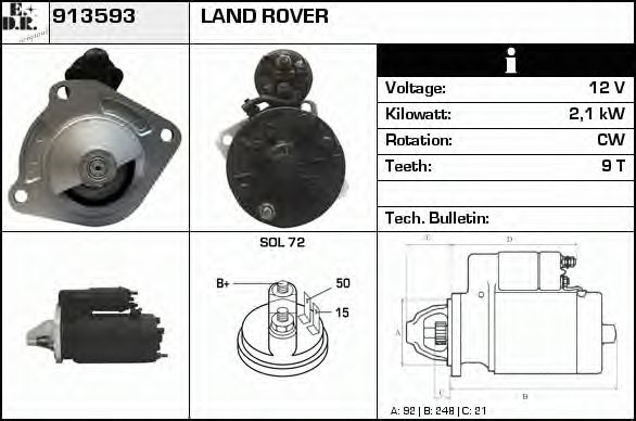 EDR 913593 Стартер для LAND ROVER DEFENDER (Ленд ровер/лэнд ровер Дэфэндэр) EDR 913593 Стартер для LAND ROVER DEFENDER (Ленд ровер/лэнд ровер Дэфэндэр)