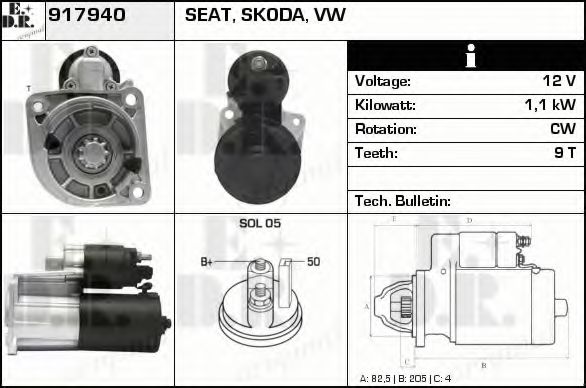 EDR 917940 Стартер для VOLKSWAGEN POLO (Фольксваген Поло) EDR 917940 Стартер для VOLKSWAGEN POLO (Фольксваген Поло)
