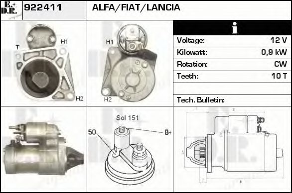 EDR 922411 Стартер для FIAT 500 C (Фиат 500 c) EDR 922411 Стартер для FIAT 500 C (Фиат 500 c)