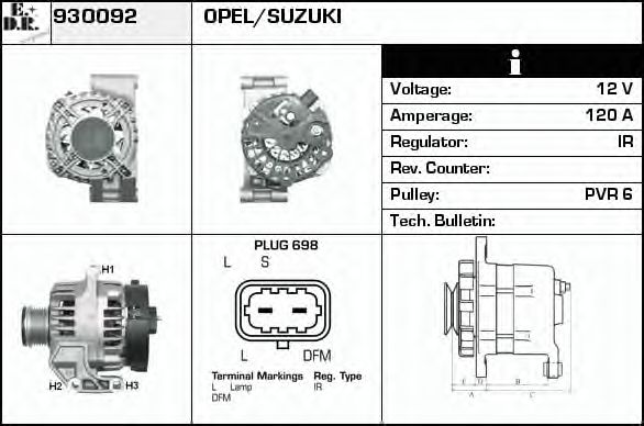 EDR 930092 Генератор для OPEL CORSA D (Опель Корса д) EDR 930092 Генератор для OPEL CORSA D (Опель Корса д)