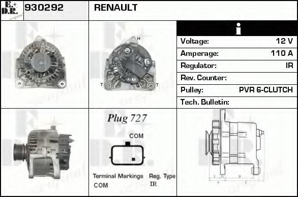 EDR 930292 Генератор для RENAULT GRAND SCNIC II (Рено Гранд сценик 2) EDR 930292 Генератор для RENAULT GRAND SCNIC II (Рено Гранд сценик 2)