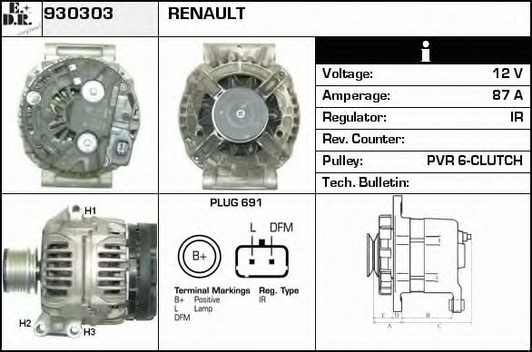 EDR 930303 Генератор для RENAULT SCNIC I (Рено Сценик и) EDR 930303 Генератор для RENAULT SCNIC I (Рено Сценик и)