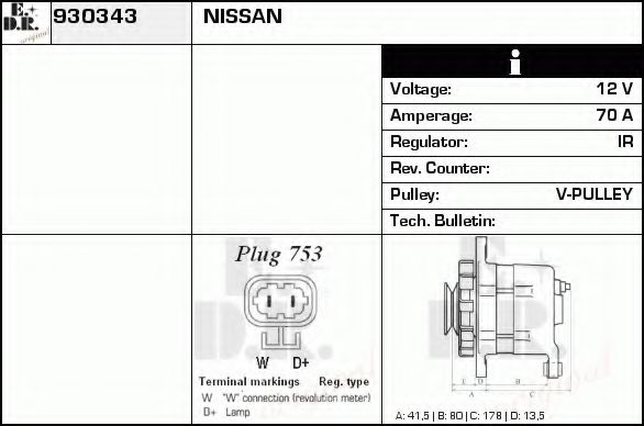EDR 930343 Генератор для NISSAN CABSTAR E (Ниссан Cабстар э) EDR 930343 Генератор для NISSAN CABSTAR E (Ниссан Cабстар э)