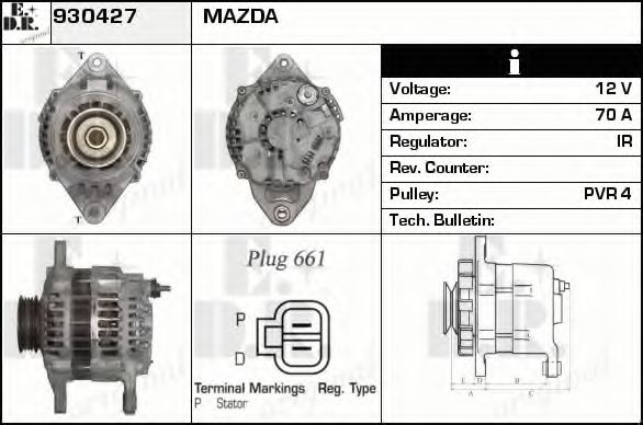 EDR 930427 Генератор для MAZDA 121 METRO (Мазда 121 мэтро) EDR 930427 Генератор для MAZDA 121 METRO (Мазда 121 мэтро)
