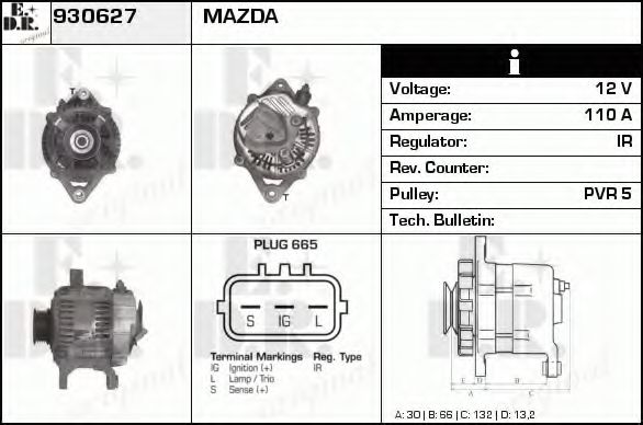 EDR 930627 Генератор для MAZDA EUNOS 800 (Мазда Эунос 800) EDR 930627 Генератор для MAZDA EUNOS 800 (Мазда Эунос 800)