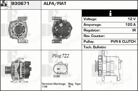 EDR 930671 Генератор для ALFA ROMEO MITO (Альфа ромео Мито) EDR 930671 Генератор для ALFA ROMEO MITO (Альфа ромео Мито)