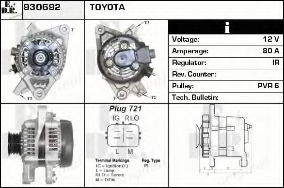 EDR 930692 Генератор для TOYOTA YARIS (Тойота/тоета Ярис) EDR 930692 Генератор для TOYOTA YARIS (Тойота/тоета Ярис)