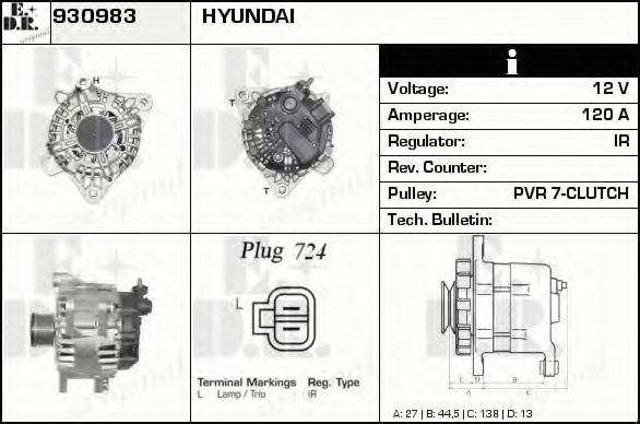EDR 930983 Генератор для HYUNDAI IX55 (Хендай Их55) EDR 930983 Генератор для HYUNDAI IX55 (Хендай Их55)