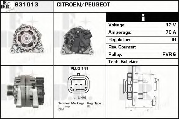 EDR 931013 Генератор для PEUGEOT (Пежо) EDR 931013 Генератор для PEUGEOT (Пежо)