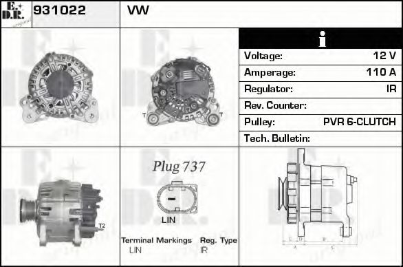 EDR 931022 Генератор для VOLKSWAGEN GOLF AN (Фольксваген Гольф ан) EDR 931022 Генератор для VOLKSWAGEN GOLF AN (Фольксваген Гольф ан)