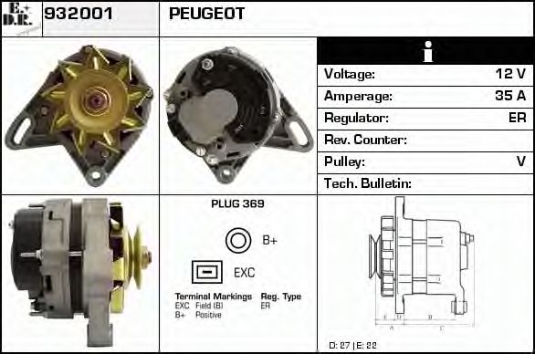 EDR 932001 Генератор для PEUGEOT 305 II (Пежо 305 2) EDR 932001 Генератор для PEUGEOT 305 II (Пежо 305 2)