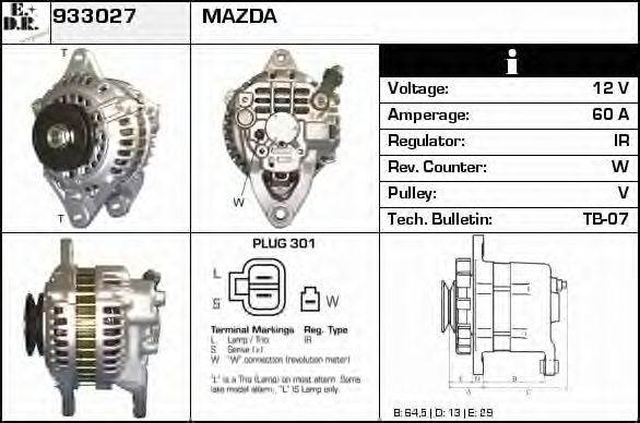 EDR 933027 Генератор для MAZDA 323 III (Мазда 323 3) EDR 933027 Генератор для MAZDA 323 III (Мазда 323 3)
