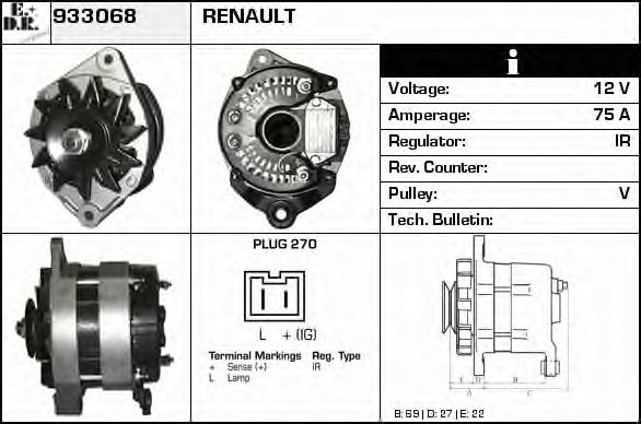 EDR 933068 Генератор для RENAULT ESPACE I (Рено Эспаcэ и) EDR 933068 Генератор для RENAULT ESPACE I (Рено Эспаcэ и)