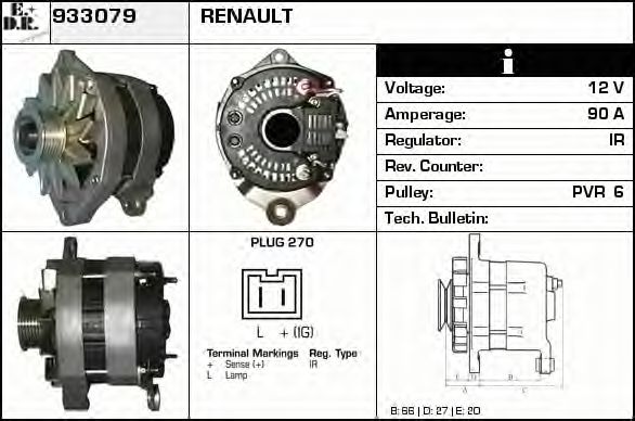 EDR 933079 Генератор для RENAULT 19 I (Рено 19 1) EDR 933079 Генератор для RENAULT 19 I (Рено 19 1)