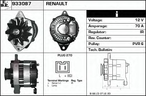 EDR 933087 Генератор для RENAULT 19 I (Рено 19 1) EDR 933087 Генератор для RENAULT 19 I (Рено 19 1)
