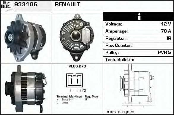 EDR 933106 Генератор для RENAULT 19 I (Рено 19 1) EDR 933106 Генератор для RENAULT 19 I (Рено 19 1)