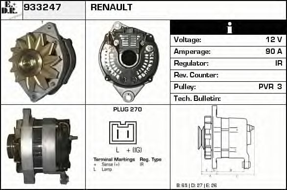 EDR 933247 Генератор для RENAULT 19 I (Рено 19 1) EDR 933247 Генератор для RENAULT 19 I (Рено 19 1)