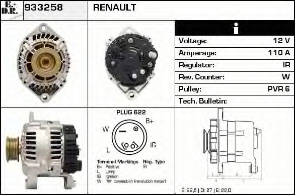 EDR 933258 Генератор для RENAULT SAFRANE (Рено Сафранэ) EDR 933258 Генератор для RENAULT SAFRANE (Рено Сафранэ)