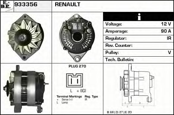 EDR 933356 Генератор для RENAULT ESPACE I (Рено Эспаcэ и) EDR 933356 Генератор для RENAULT ESPACE I (Рено Эспаcэ и)
