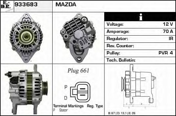 EDR 933683 Генератор для MAZDA 323 F/P VI (Мазда 323 ф/п vи) EDR 933683 Генератор для MAZDA 323 F/P VI (Мазда 323 ф/п vи)