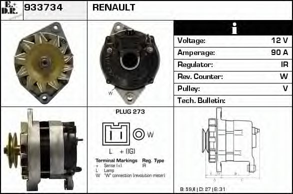 EDR 933734 Генератор для RENAULT MASTER I (Рено Мастэр и) EDR 933734 Генератор для RENAULT MASTER I (Рено Мастэр и)