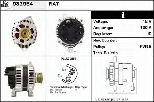 EDR 933954 Генератор для FIAT (Фиат) EDR 933954 Генератор для FIAT (Фиат)