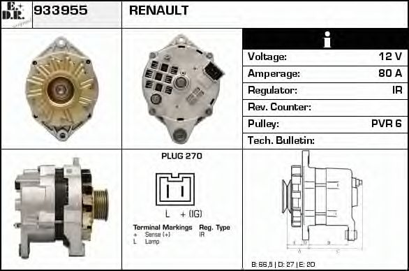 EDR 933955 Генератор для RENAULT 19 I (Рено 19 1) EDR 933955 Генератор для RENAULT 19 I (Рено 19 1)